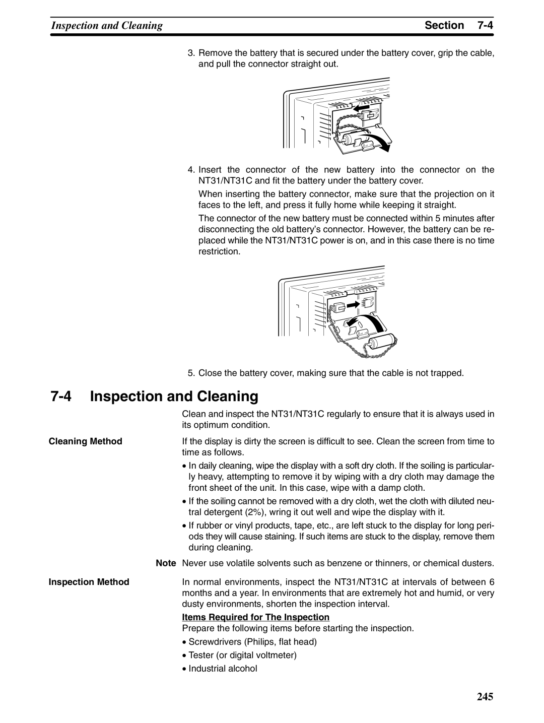 Omron NT31 NT31C manual Inspection and Cleaning, Cleaning Method, Inspection Method, Items Required for The Inspection 