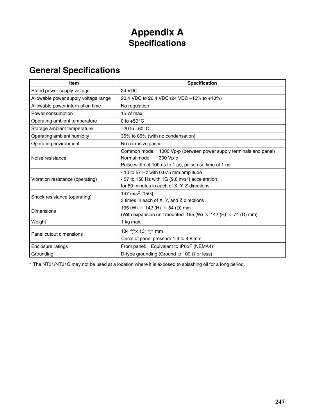 Omron NT31 NT31C manual General Specifications 