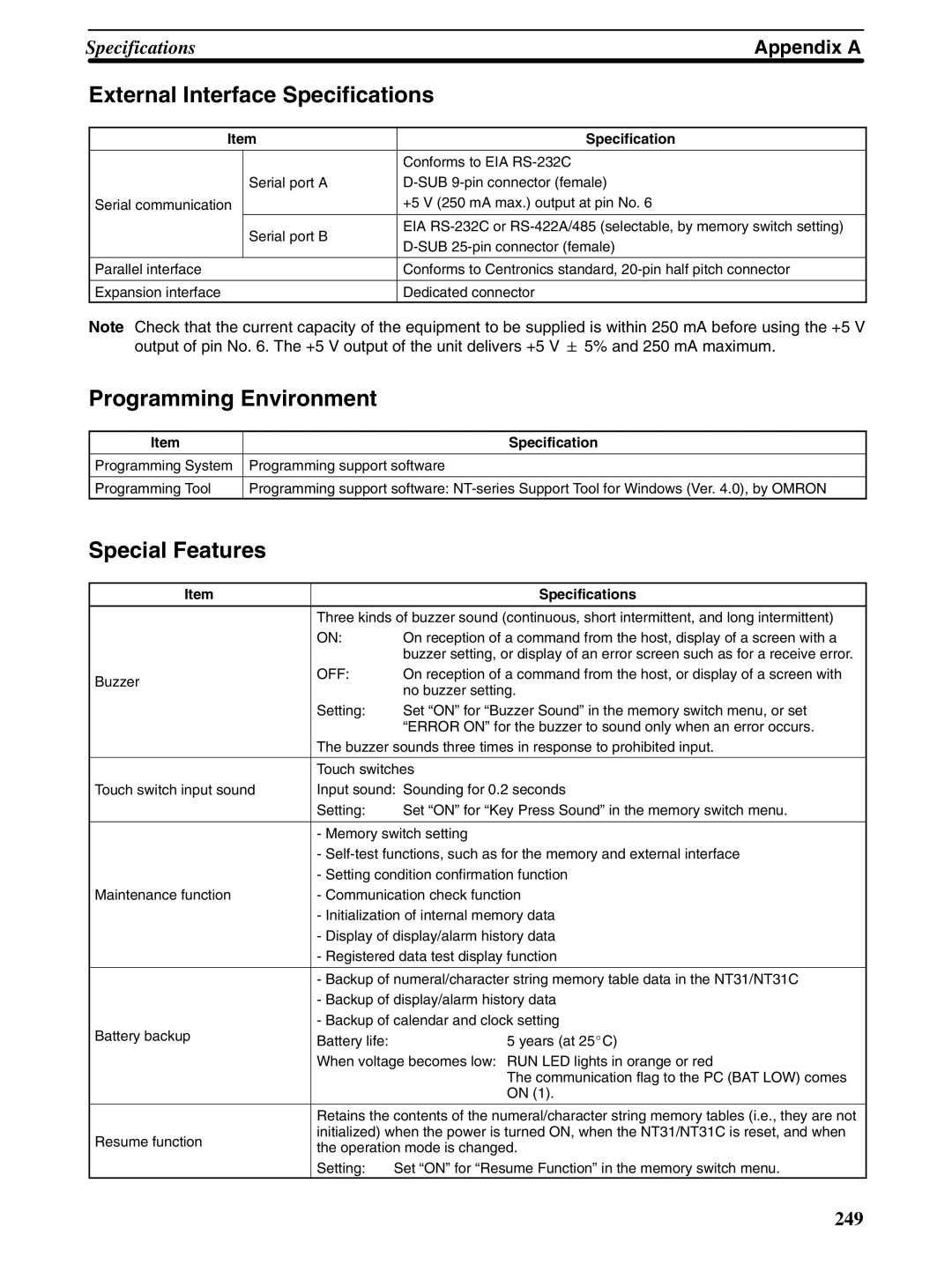 Omron NT31 NT31C manual External Interface Specifications, Programming Environment, Special Features 