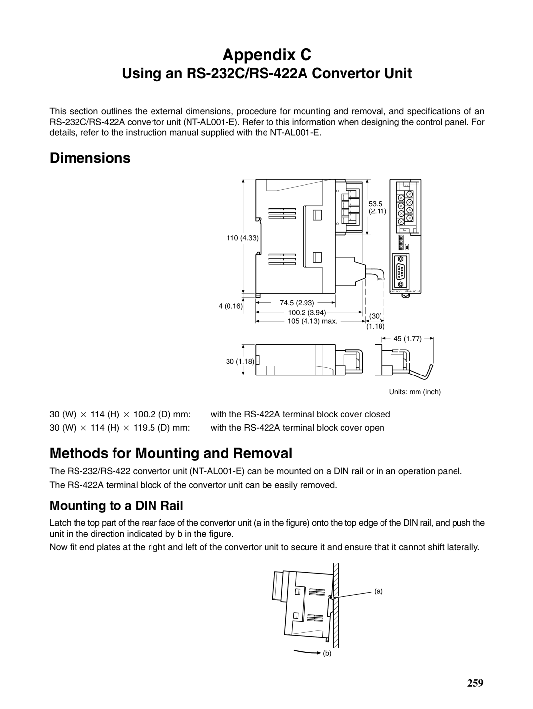 Omron NT31 NT31C manual Using an RS-232C/RS-422A Convertor Unit Dimensions, Methods for Mounting and Removal 