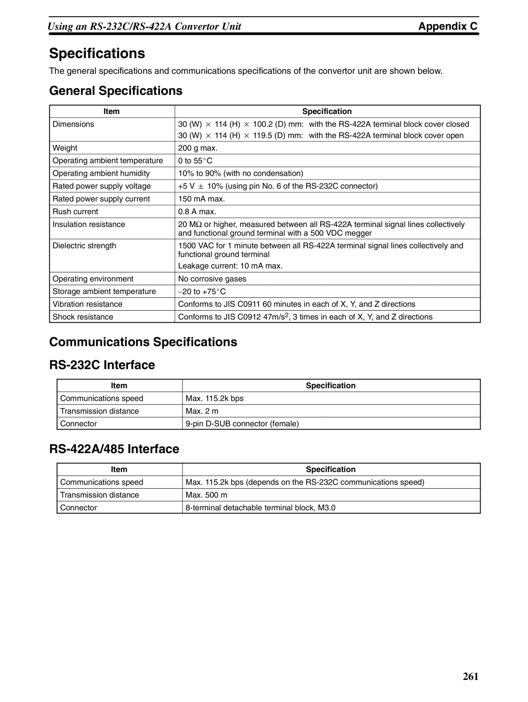 Omron NT31 NT31C manual General Specifications, Communications Specifications RS-232C Interface, RS-422A/485 Interface 