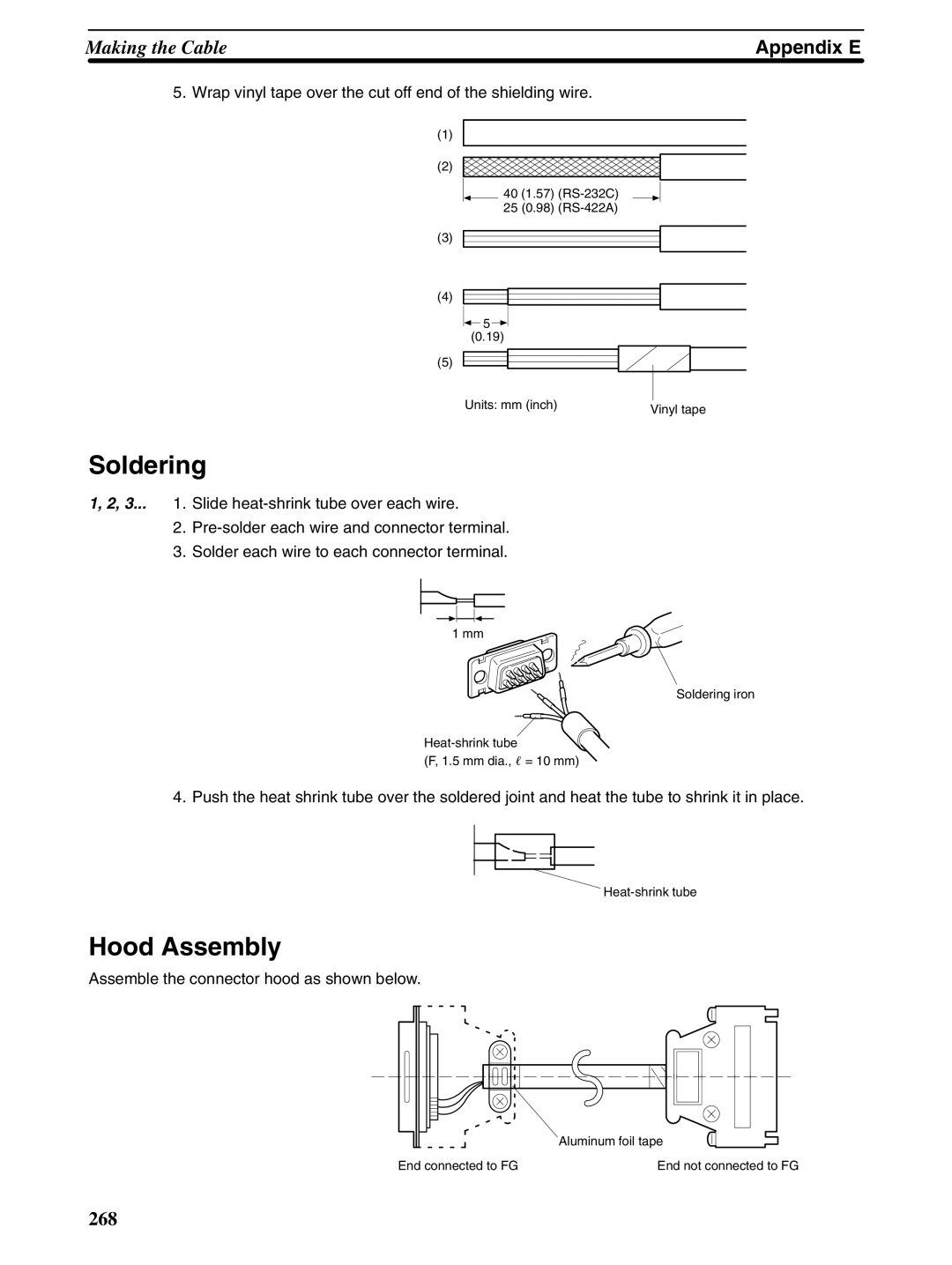 Omron NT31 NT31C manual Soldering, Hood Assembly, Wrap vinyl tape over the cut off end of the shielding wire 