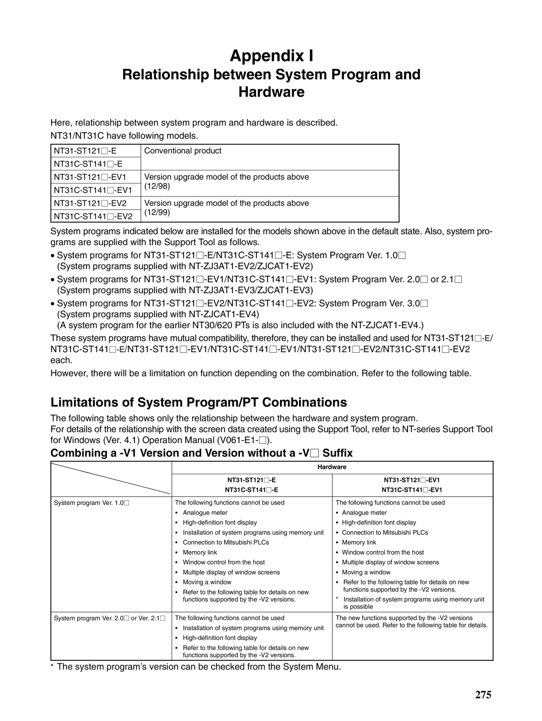 Omron NT31 NT31C manual Relationship between System Program Hardware, Limitations of System Program/PT Combinations 