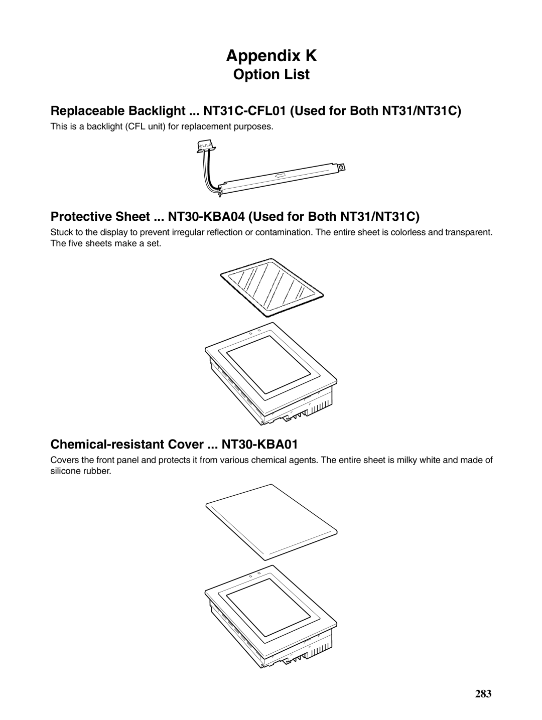 Omron NT31 NT31C manual Option List, Protective Sheet ... NT30-KBA04 Used for Both NT31/NT31C 