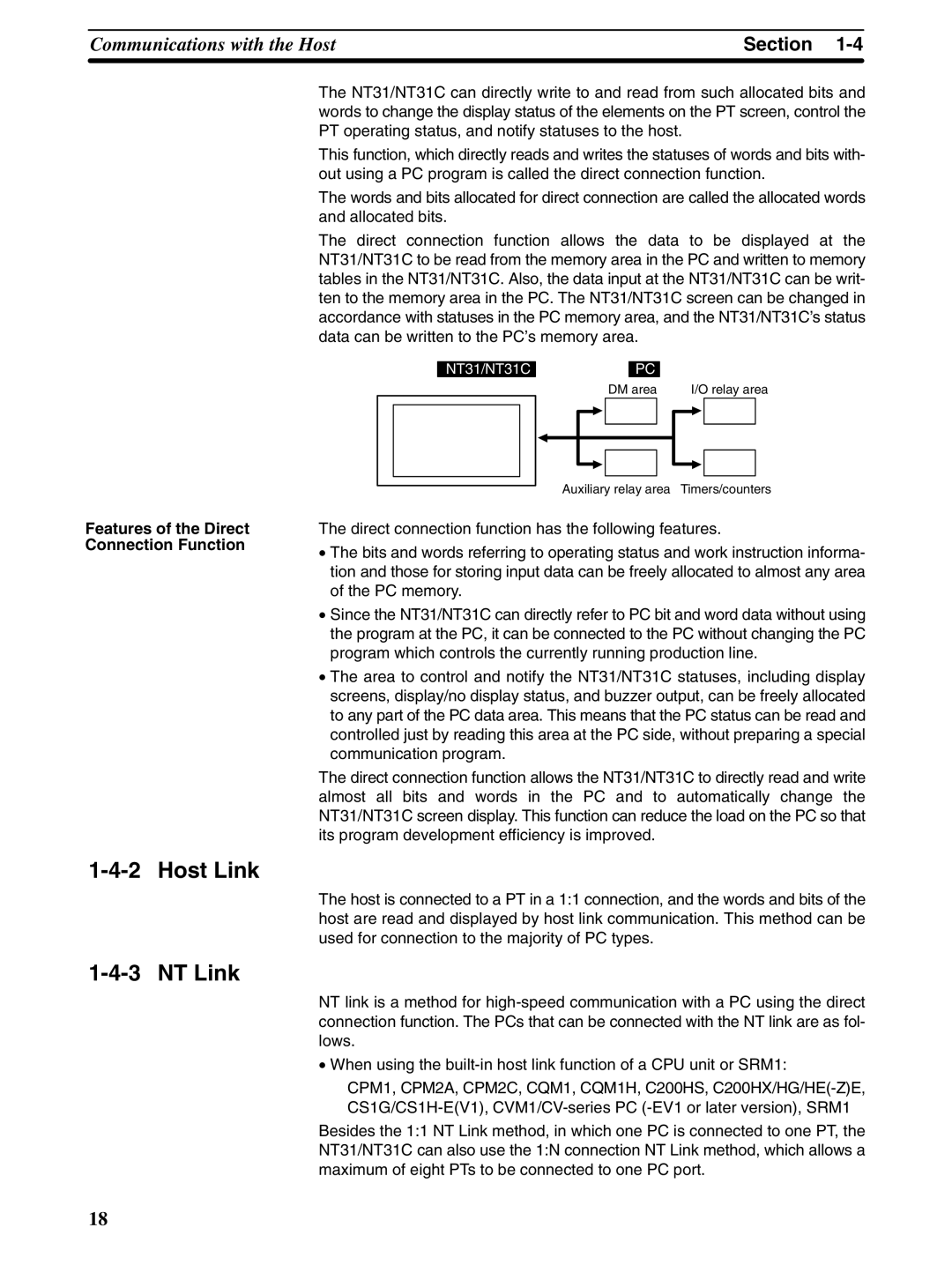 Omron NT31 NT31C manual Host Link NT Link, Features of the Direct Connection Function 