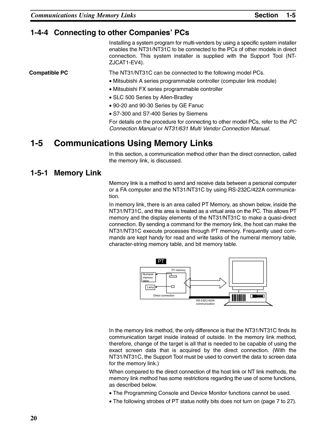 Omron NT31 NT31C manual Communications Using Memory Links, Connecting to other Companies’ PCs 