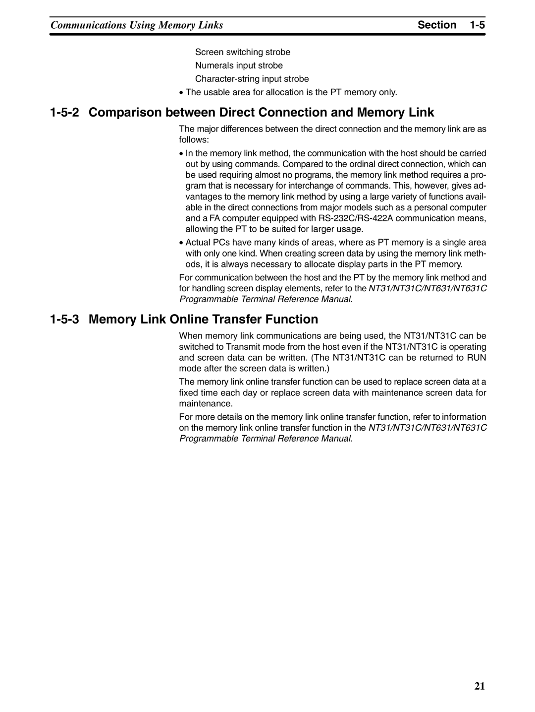 Omron NT31 NT31C manual Comparison between Direct Connection and Memory Link, Memory Link Online Transfer Function 