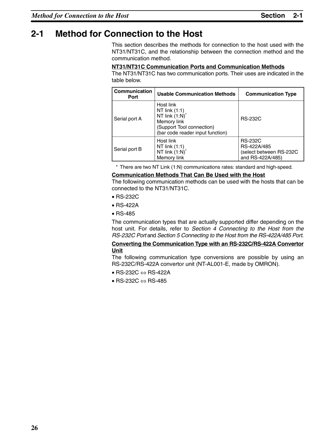 Omron NT31 NT31C manual Method for Connection to the Host, NT31/NT31C Communication Ports and Communication Methods 