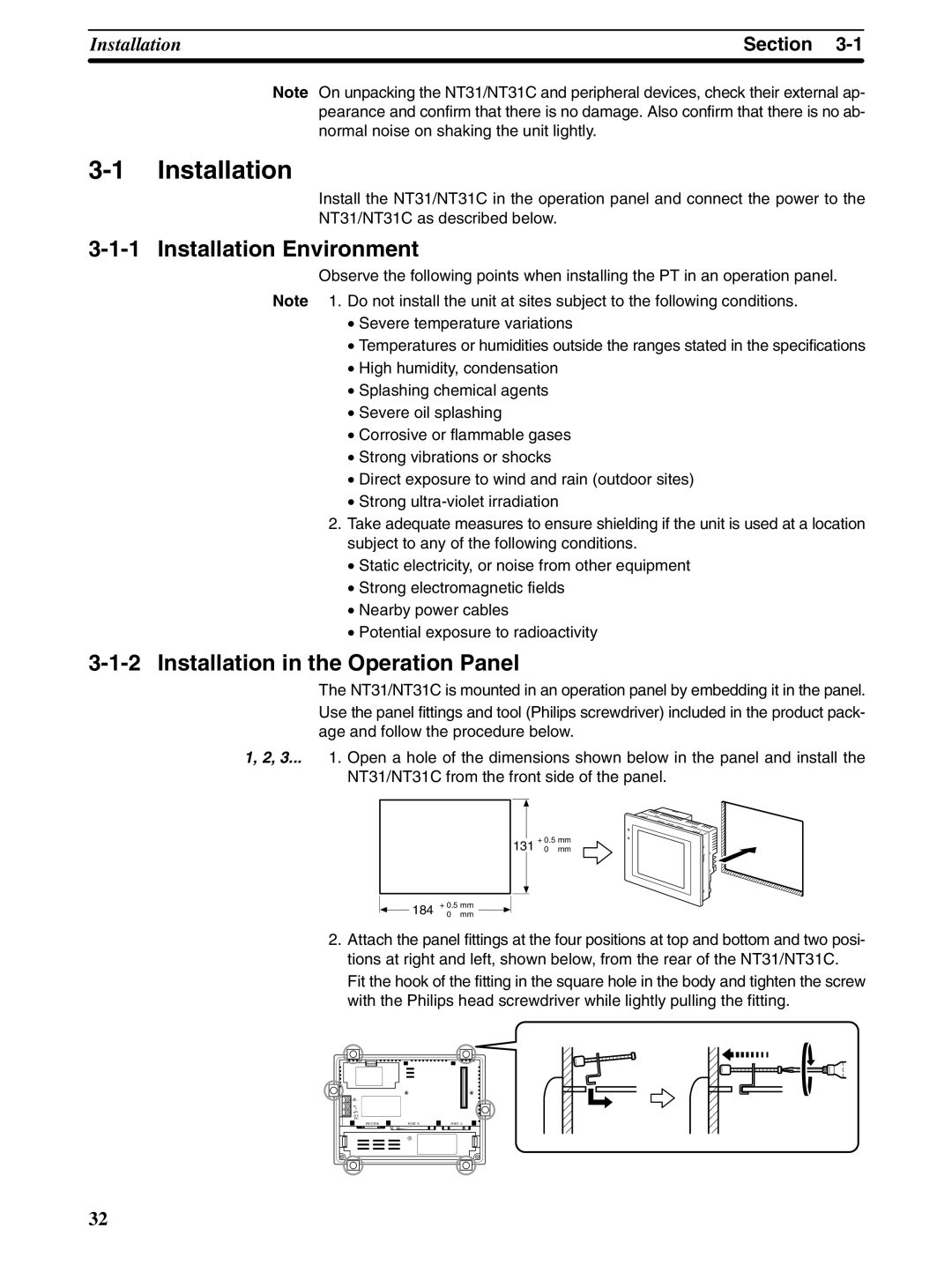 Omron NT31 NT31C manual Installation Environment, Installation in the Operation Panel 