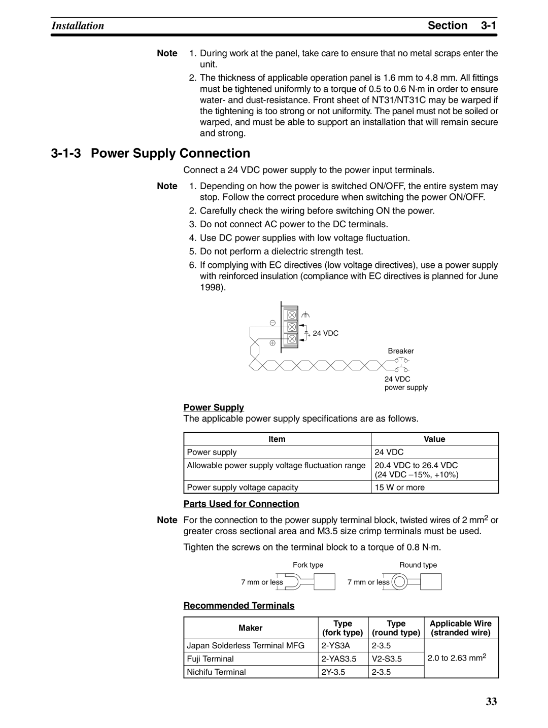 Omron NT31 NT31C Power Supply Connection, Applicable power supply specifications are as follows, Parts Used for Connection 