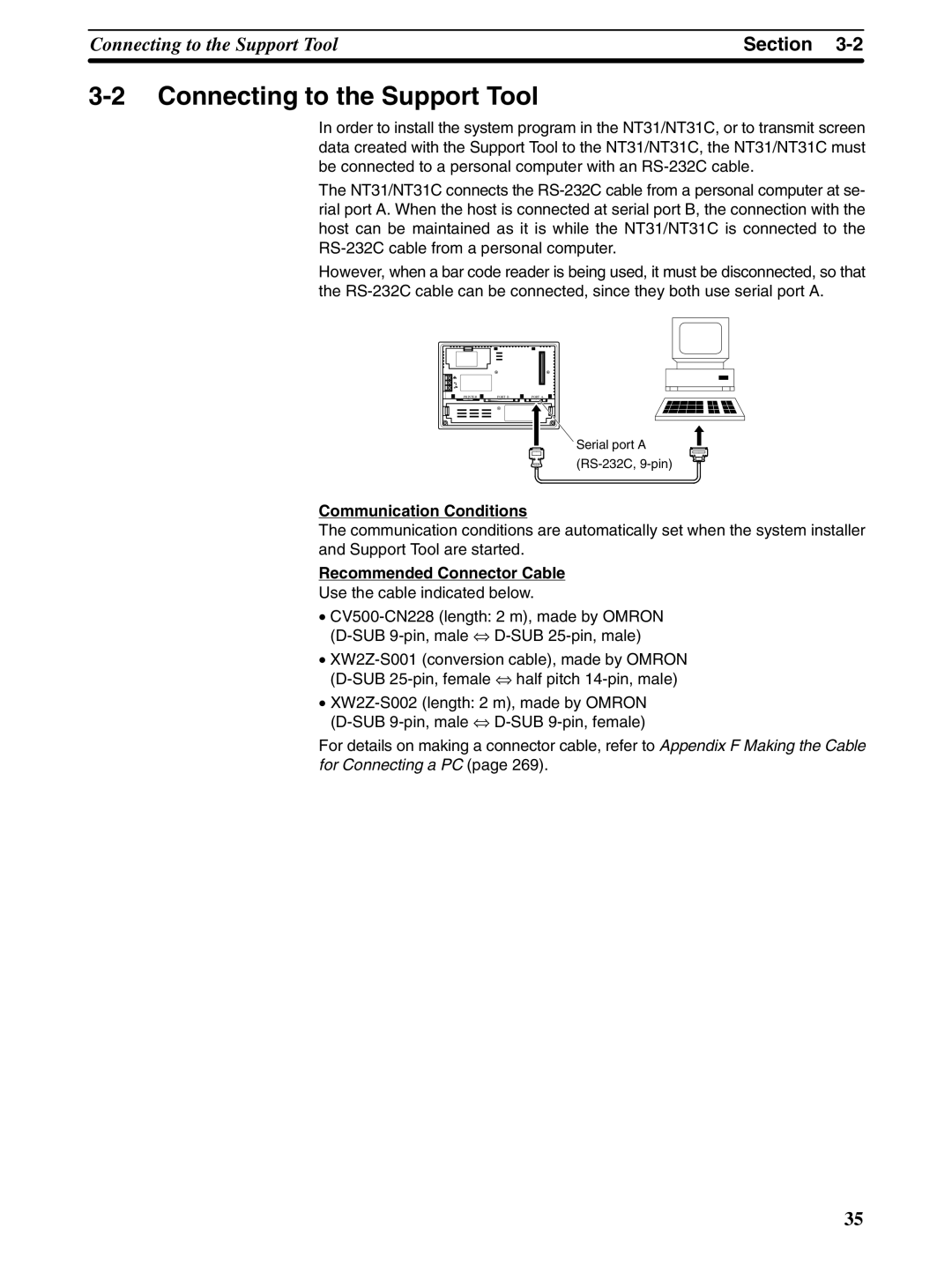 Omron NT31 NT31C manual Connecting to the Support Tool, Communication Conditions, Recommended Connector Cable 