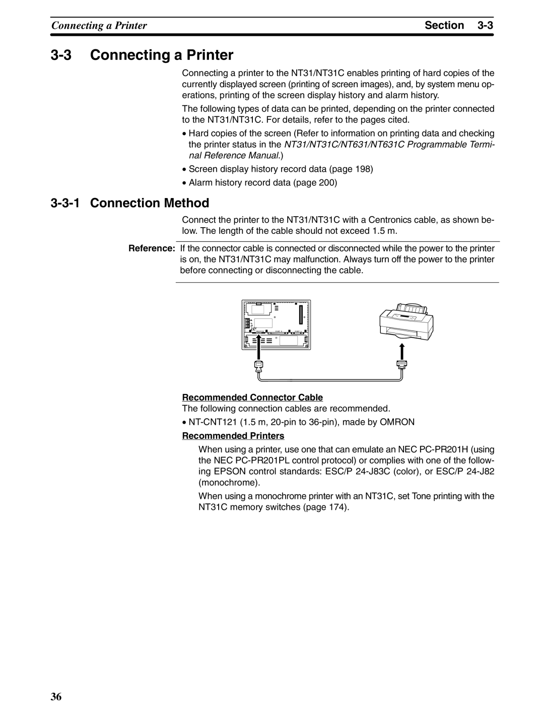 Omron NT31 NT31C manual Connecting a Printer, Connection Method, Recommended Printers 