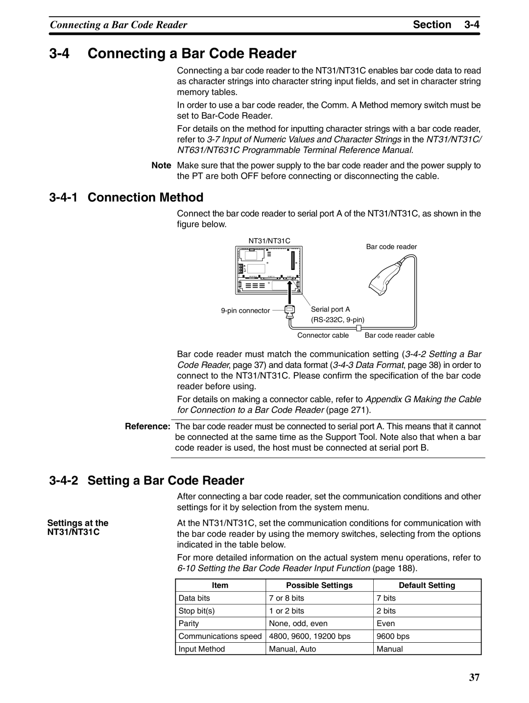 Omron NT31 NT31C manual Connecting a Bar Code Reader, Setting a Bar Code Reader, Settings at the NT31/NT31C 