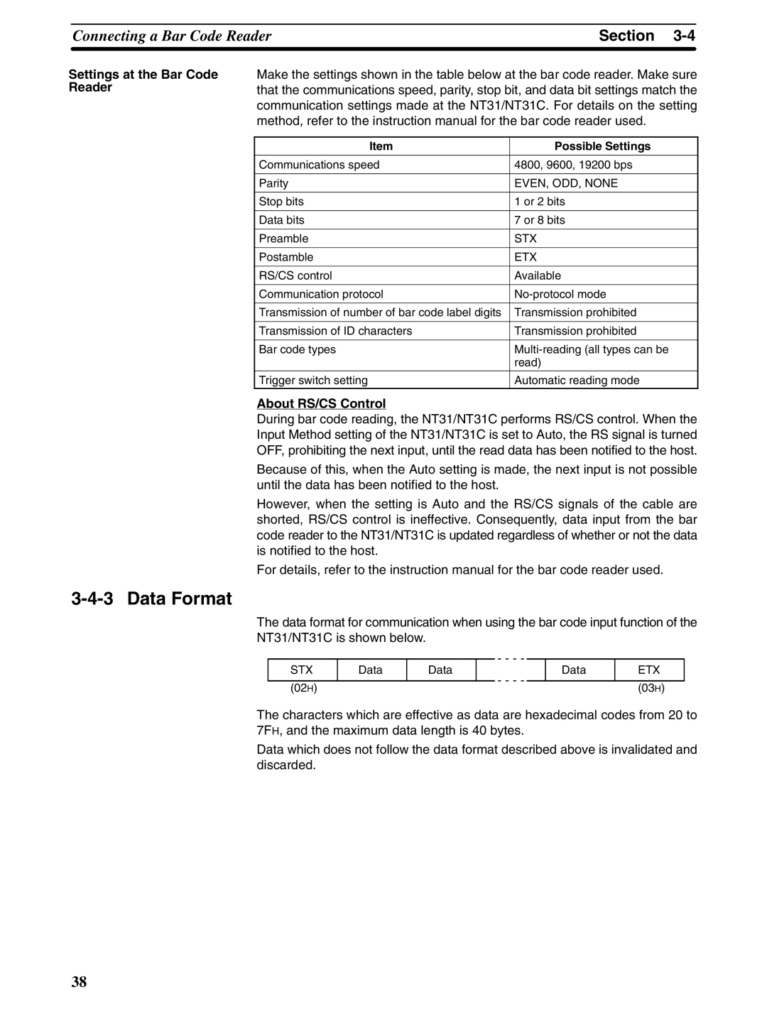 Omron NT31 NT31C manual Data Format, Settings at the Bar Code Reader, About RS/CS Control, Possible Settings 