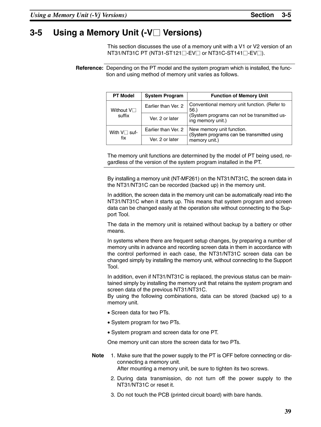 Omron NT31 NT31C manual Using a Memory Unit -VjVersions, PT Model System Program Function of Memory Unit, Without V j 