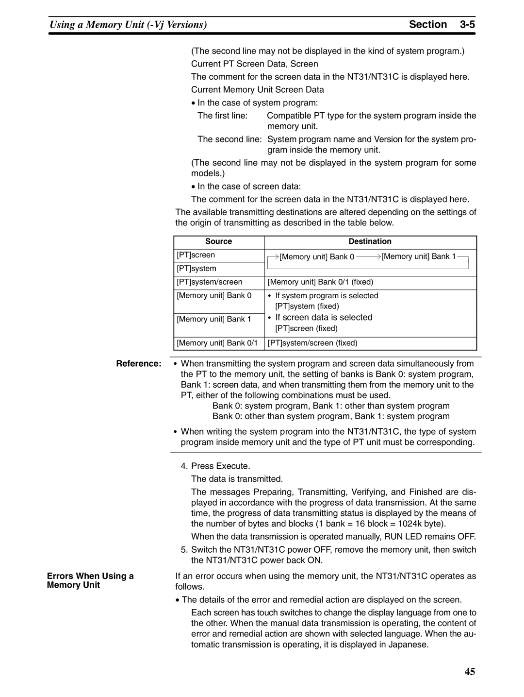 Omron NT31 NT31C manual If screen data is selected, Errors When Using a Memory Unit, Source Destination 