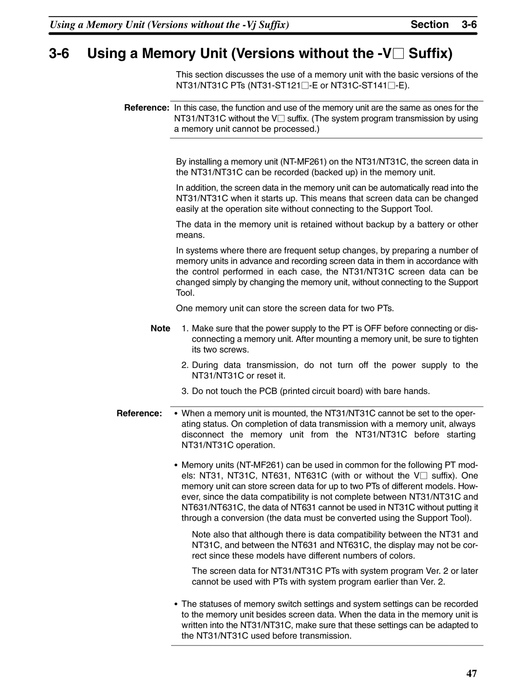 Omron NT31 NT31C manual Using a Memory Unit Versions without the -VjSuffix 