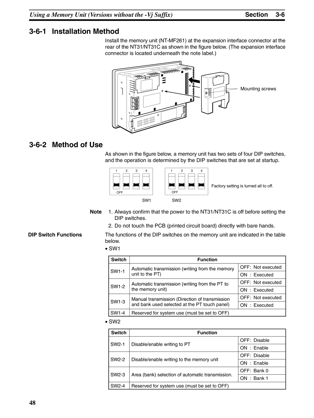 Omron NT31 NT31C manual Installation Method, Switch Function 