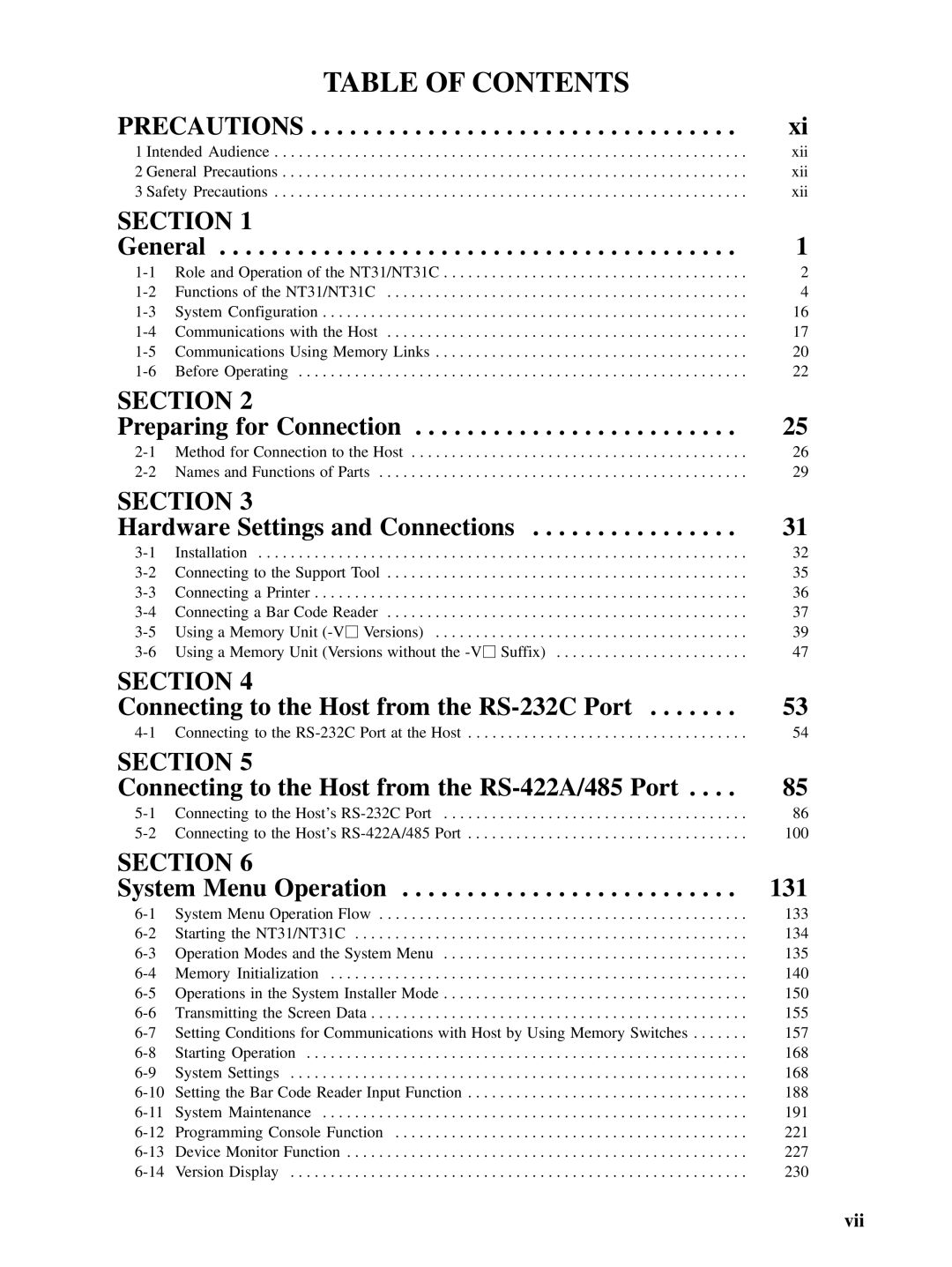 Omron NT31 NT31C manual Table of Contents 