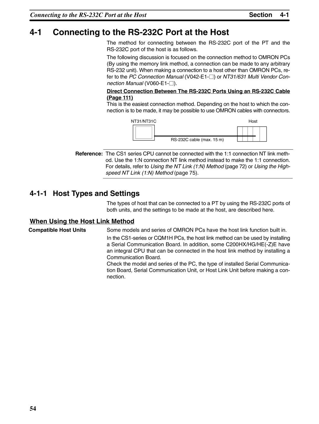 Omron NT31 NT31C manual Connecting to the RS-232C Port at the Host, Host Types and Settings, Compatible Host Units, Nection 