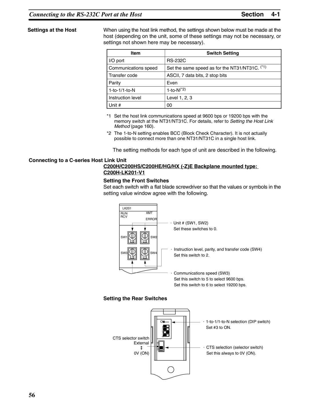 Omron NT31 NT31C Settings at the Host, Settings not shown here may be necessary, Setting the Rear Switches, Switch Setting 