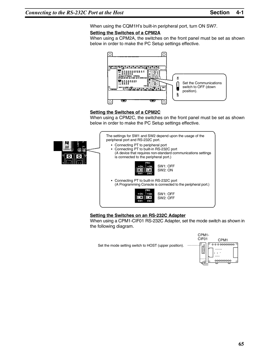 Omron NT31 NT31C manual Setting the Switches of a CPM2A, Setting the Switches of a CPM2C 