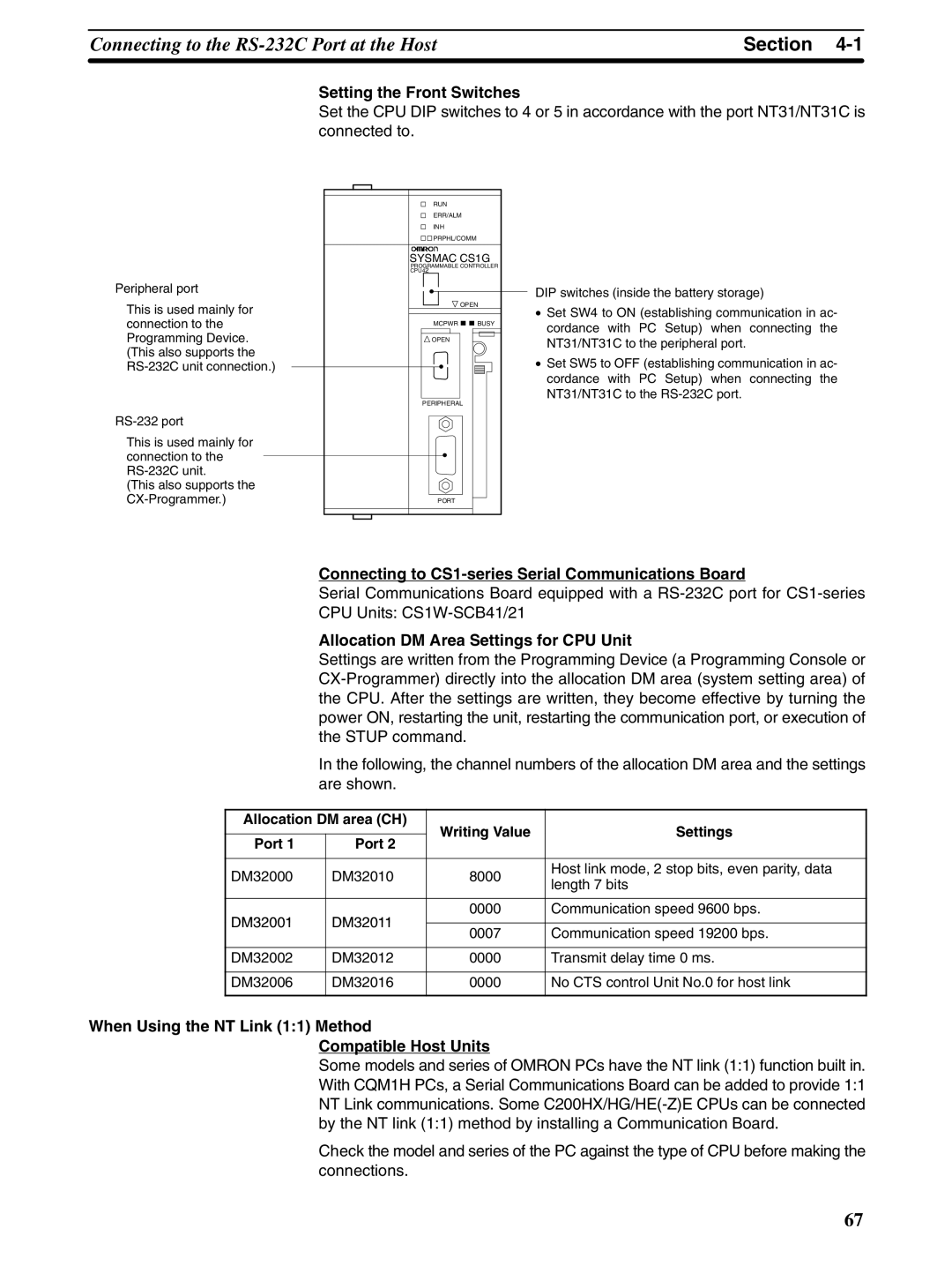 Omron NT31 NT31C manual Connecting to CS1-series Serial Communications Board, Allocation DM Area Settings for CPU Unit 