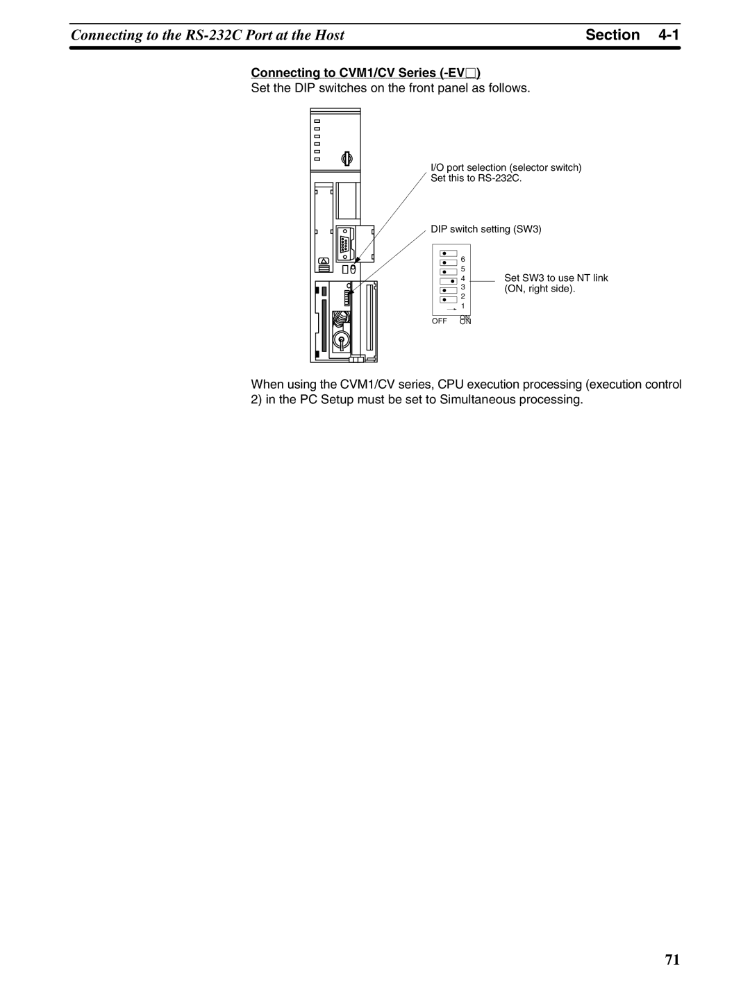 Omron NT31 NT31C manual Connecting to CVM1/CV Series -EVj, Set the DIP switches on the front panel as follows 