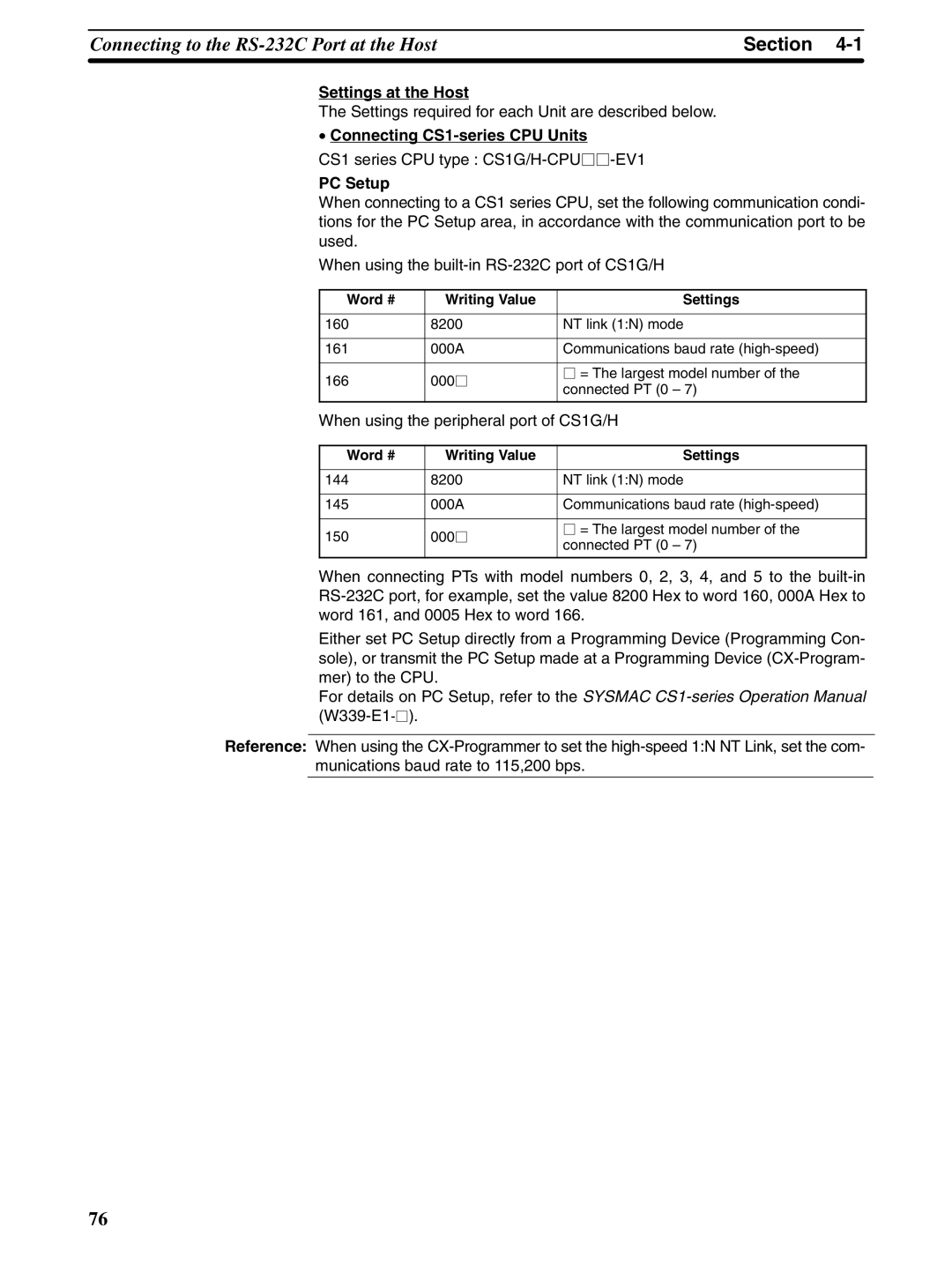 Omron NT31 NT31C manual Connecting CS1-series CPU Units, CS1 series CPU type CS1G/H-CPUjj-EV1 