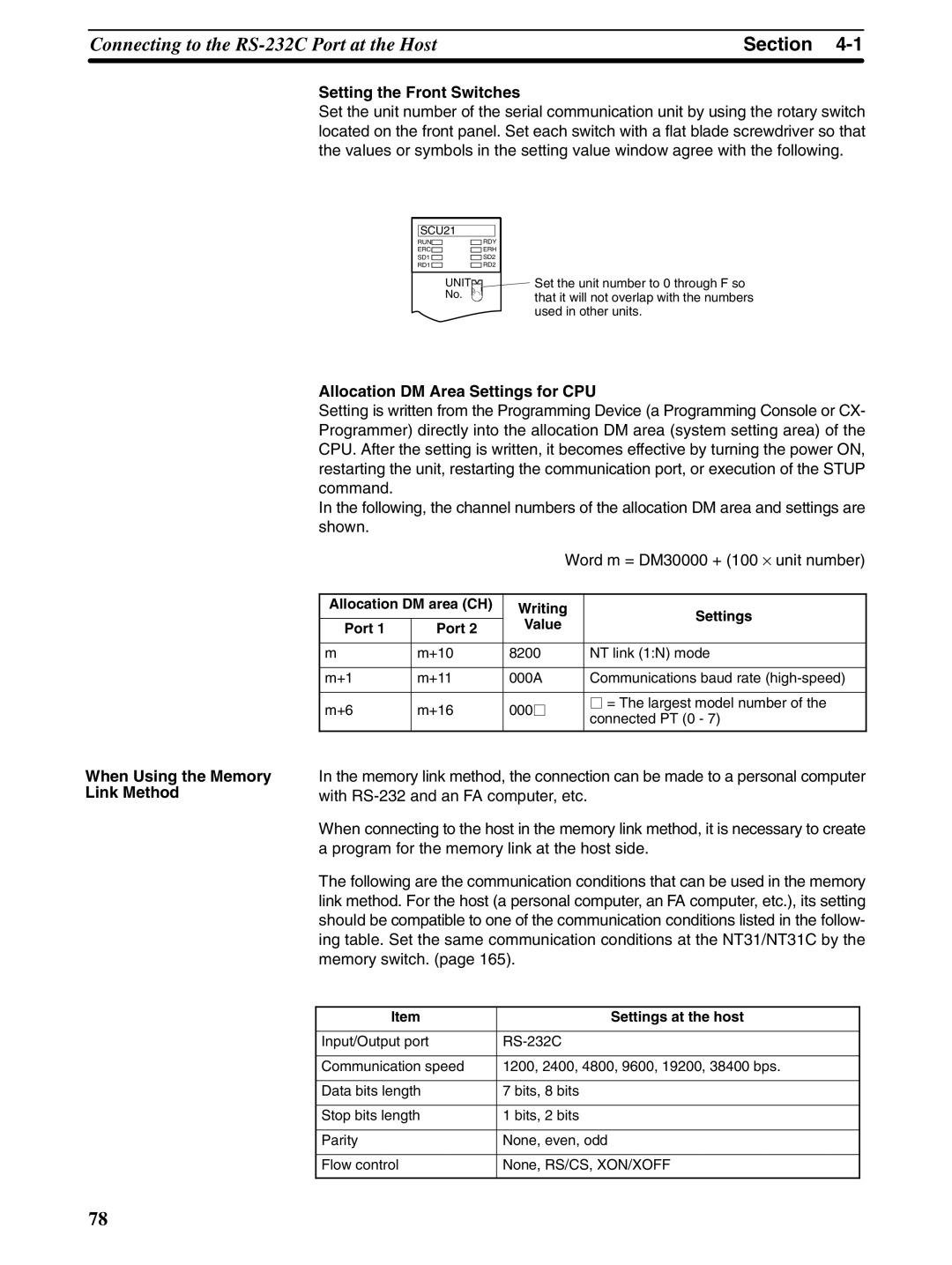 Omron NT31 NT31C manual When Using the Memory Link Method Setting the Front Switches, Settings at the host 