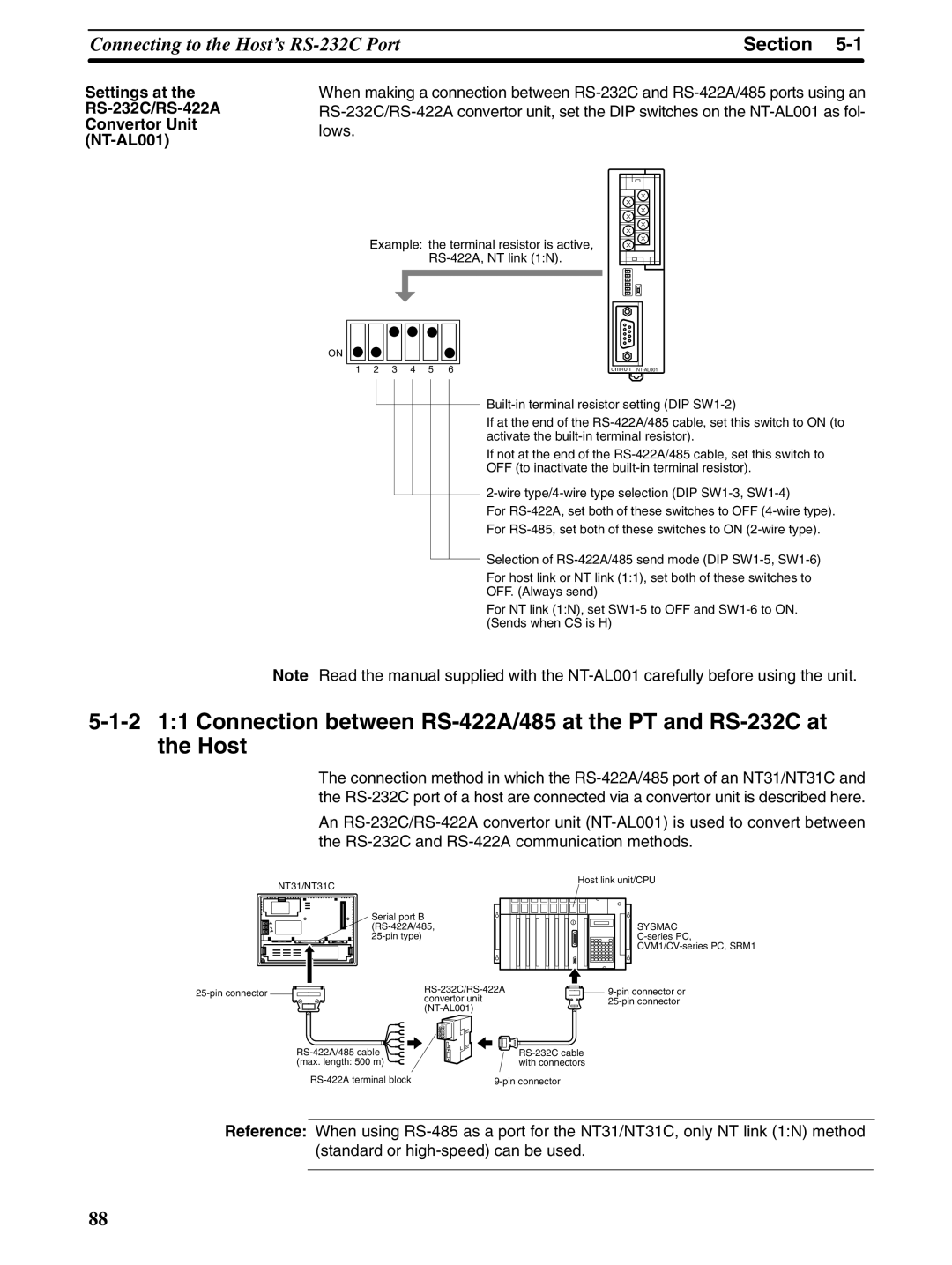 Omron NT31 NT31C manual Settings at RS-232C/RS-422A Convertor Unit NT-AL001, Sysmac 