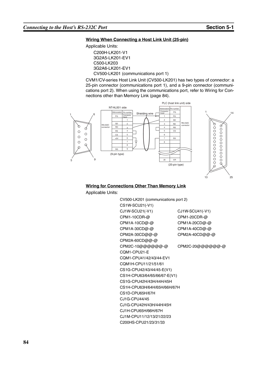 Omron NT631C manual Wiring When Connecting a Host Link Unit 25-pin, Wiring for Connections Other Than Memory Link 