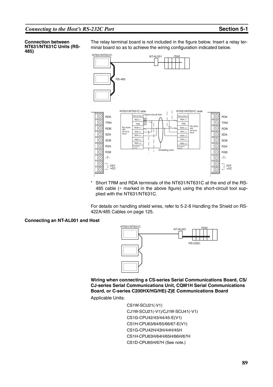 Omron manual Connection between NT631/NT631C Units RS, Connecting an NT-AL001 and Host 