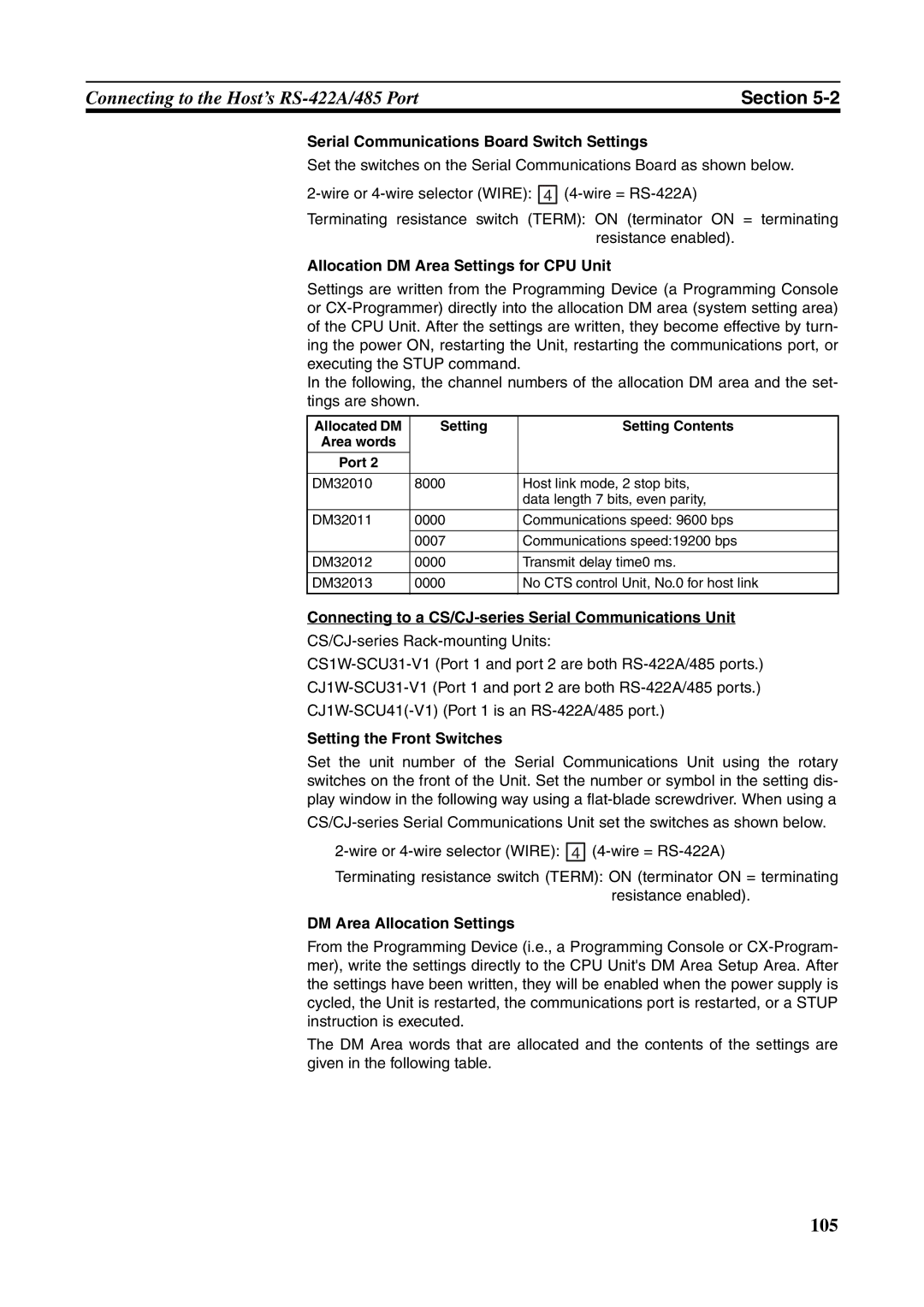 Omron NT631C manual Serial Communications Board Switch Settings, DM Area Allocation Settings 