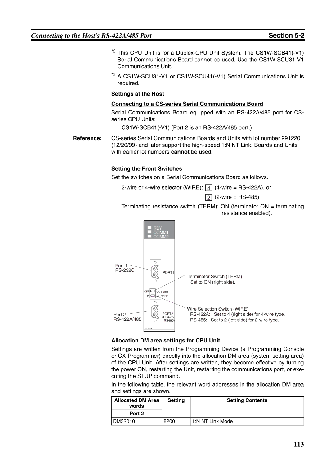 Omron NT631C manual Allocated DM Area Setting Setting Contents, Port DM32010 8200 1N NT Link Mode 