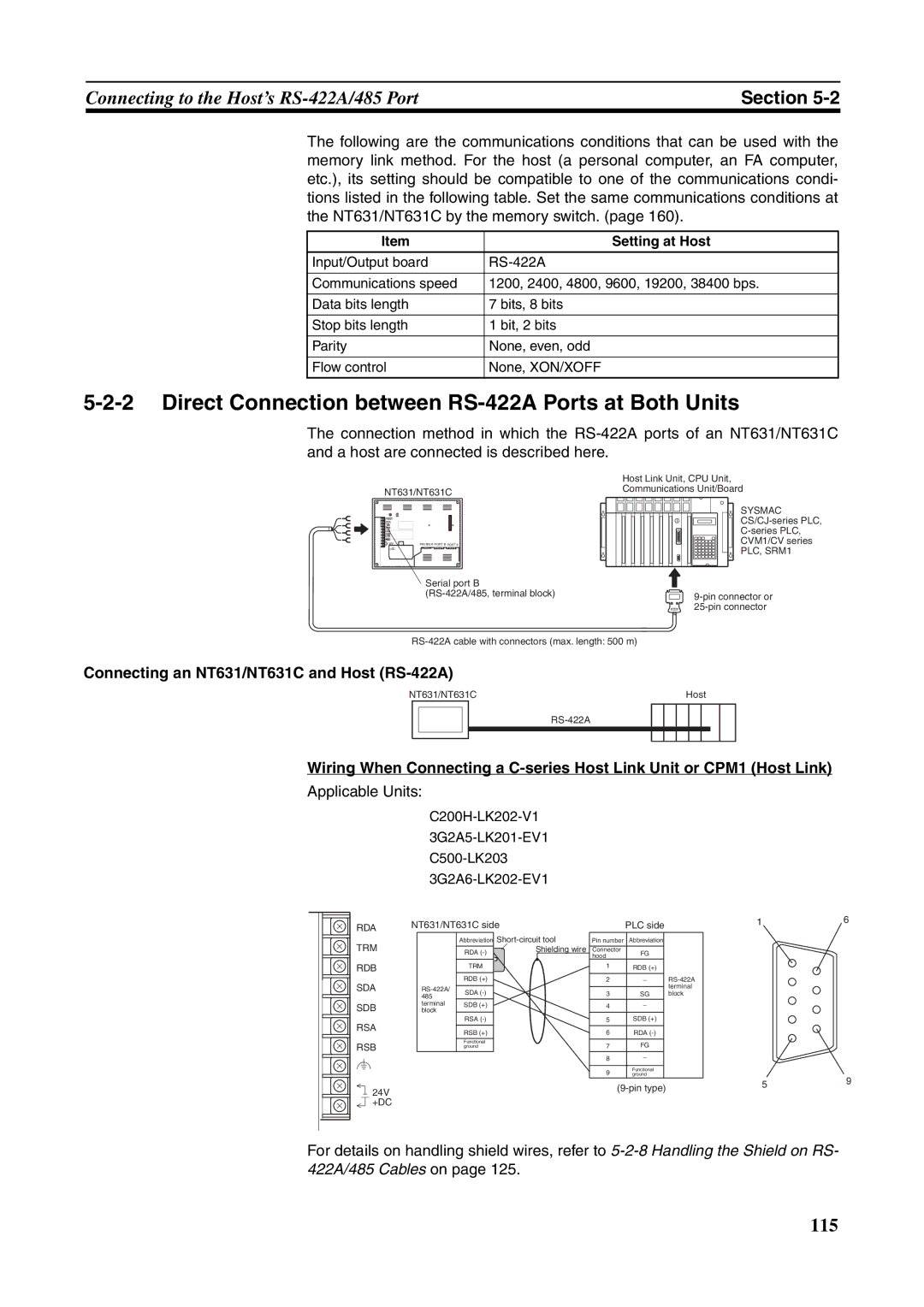 Omron manual Direct Connection between RS-422A Ports at Both Units, Connecting an NT631/NT631C and Host RS-422A 