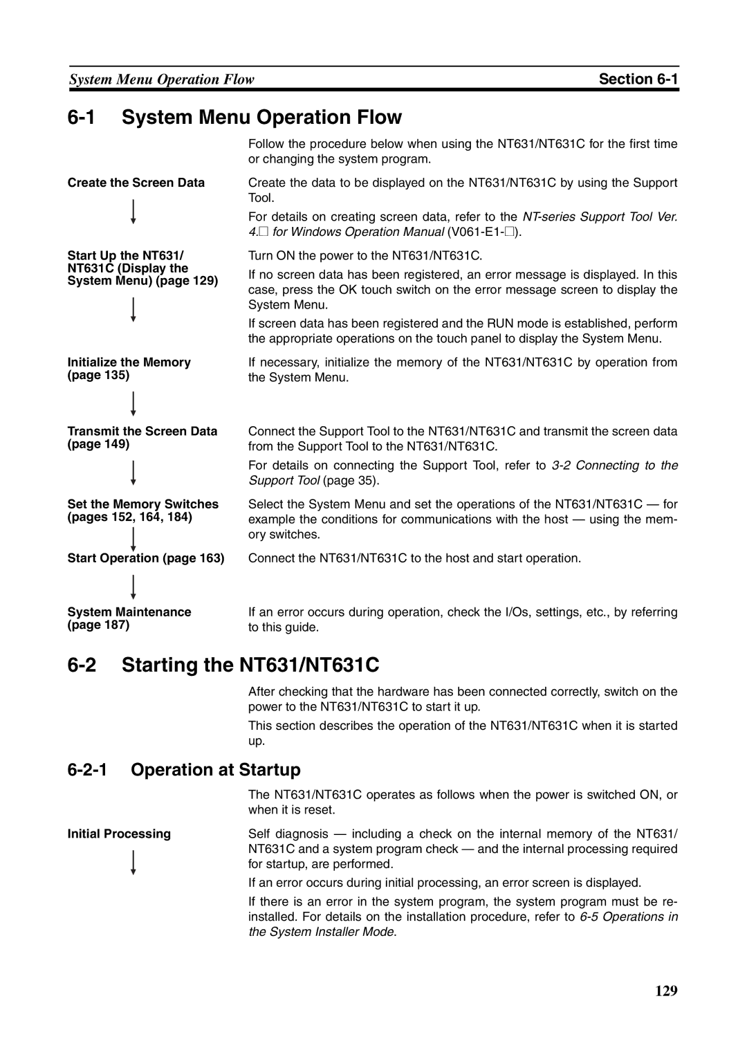 Omron manual System Menu Operation Flow, Starting the NT631/NT631C, Operation at Startup, Initial Processing 