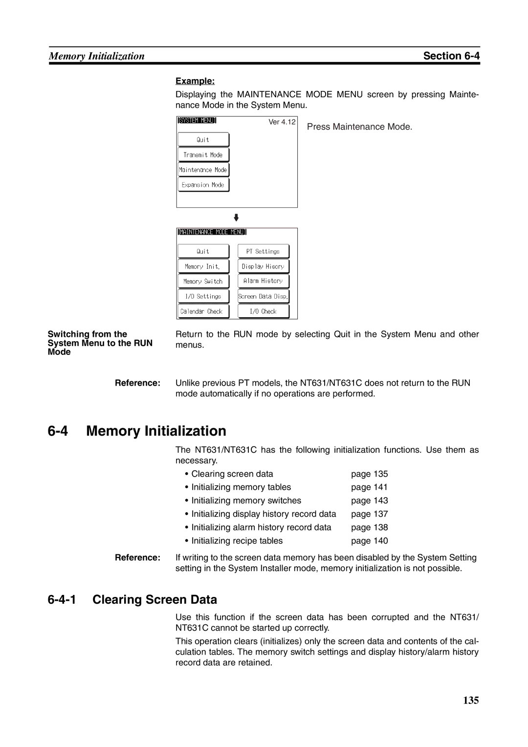 Omron NT631C manual Memory Initialization, Clearing Screen Data, Press Maintenance Mode 