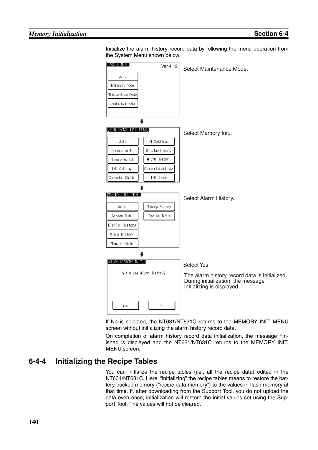 Omron NT631C manual Initializing the Recipe Tables, System Menu shown below 