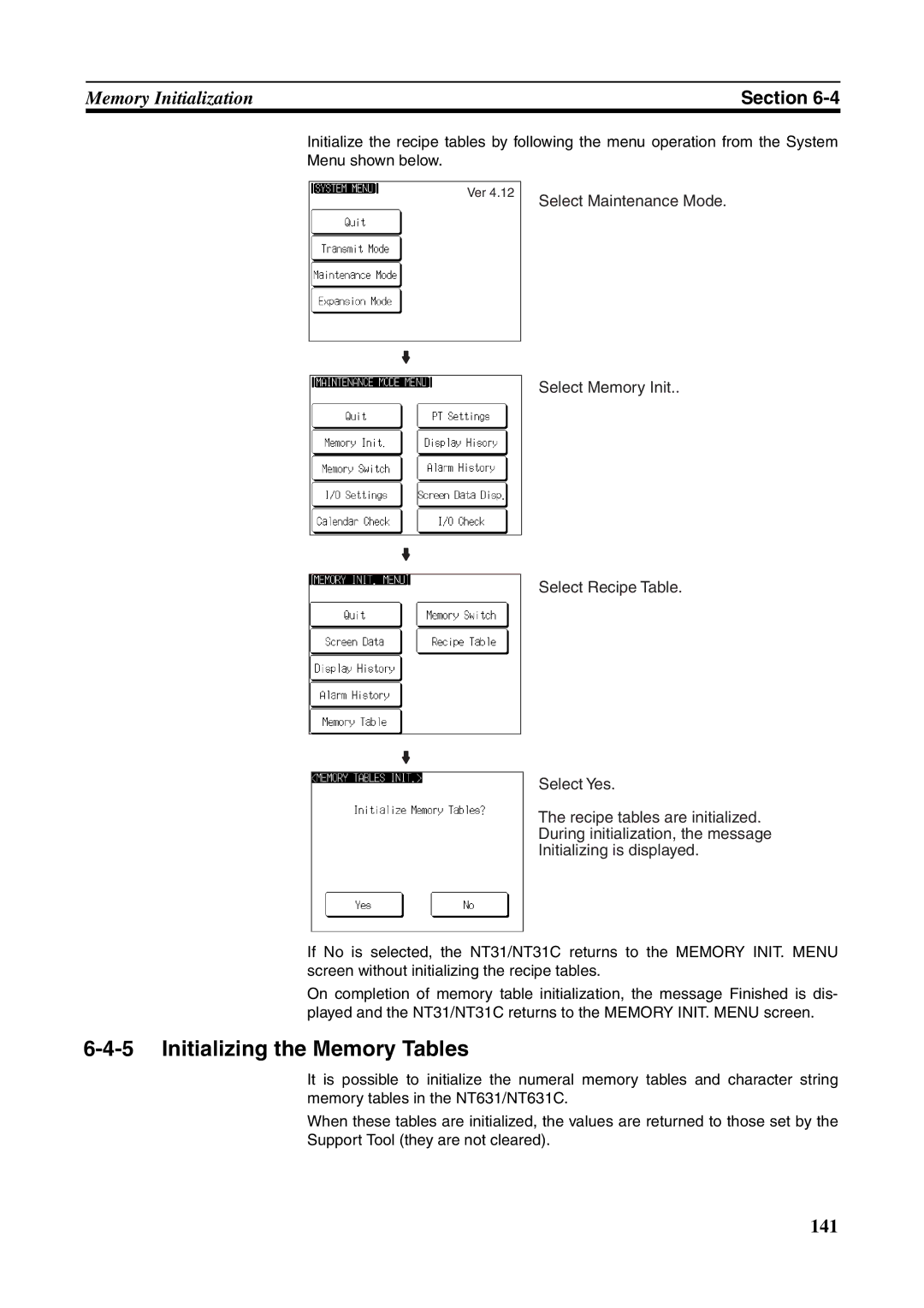 Omron NT631C manual Initializing the Memory Tables, Menu shown below 