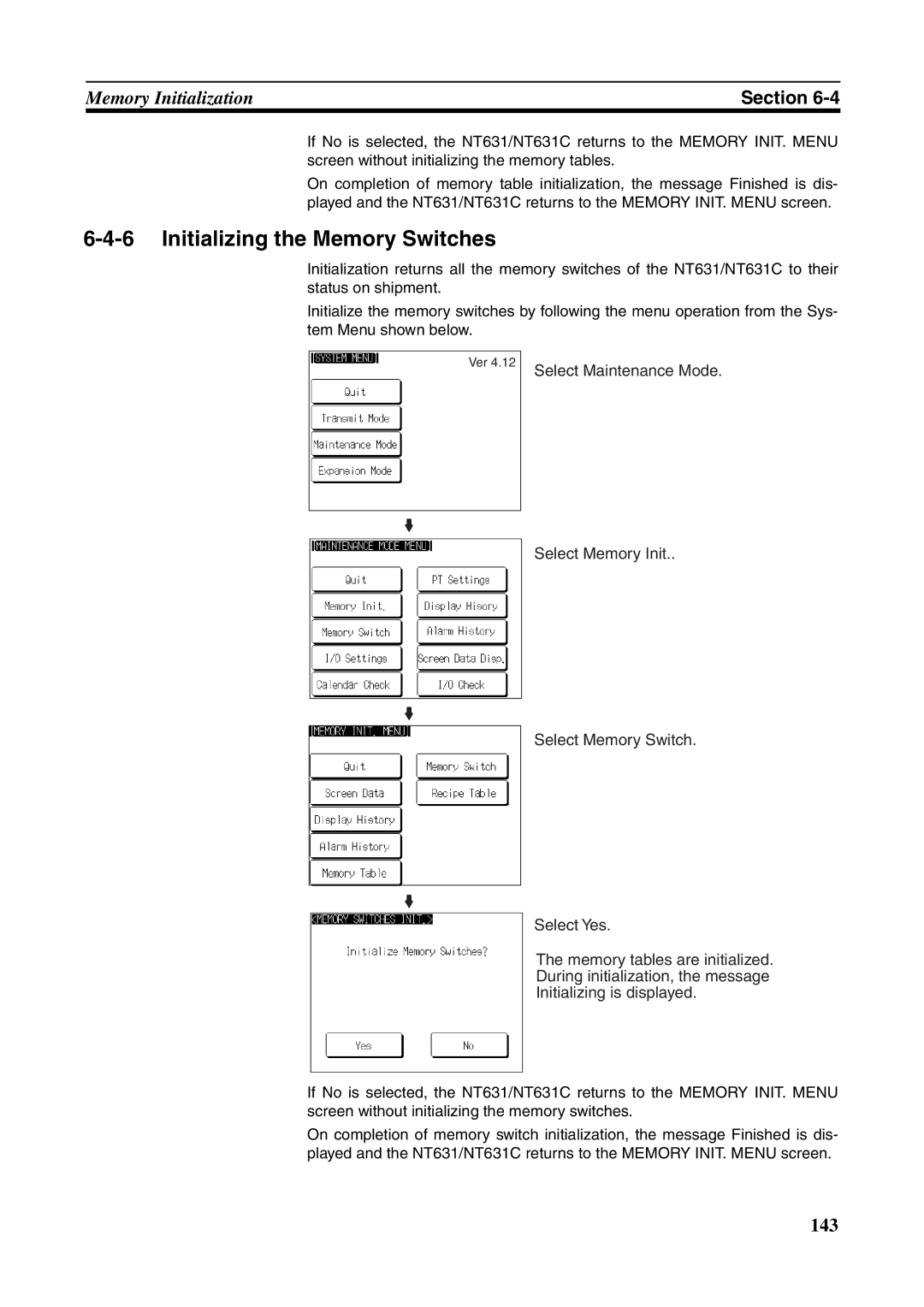 Omron NT631C manual Initializing the Memory Switches, Select Maintenance Mode 