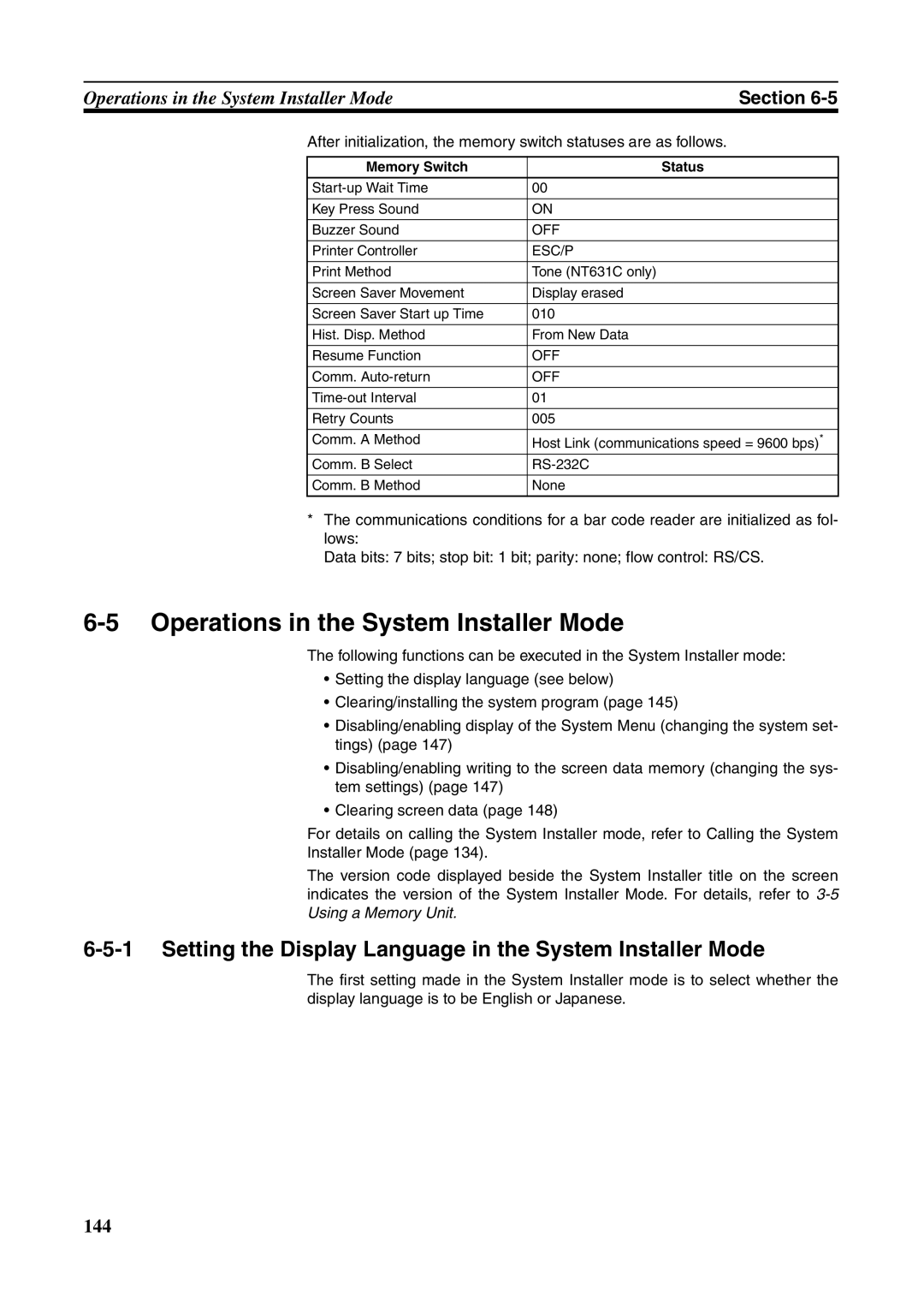 Omron NT631C manual Operations in the System Installer Mode, Setting the Display Language in the System Installer Mode, Off 