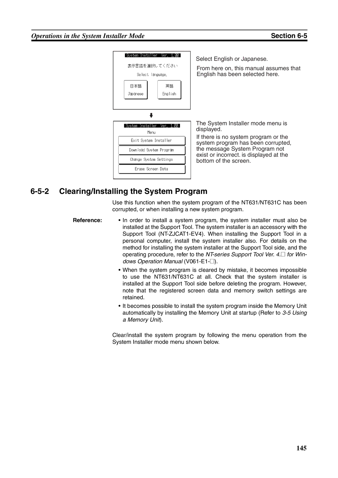 Omron NT631C manual Clearing/Installing the System Program 