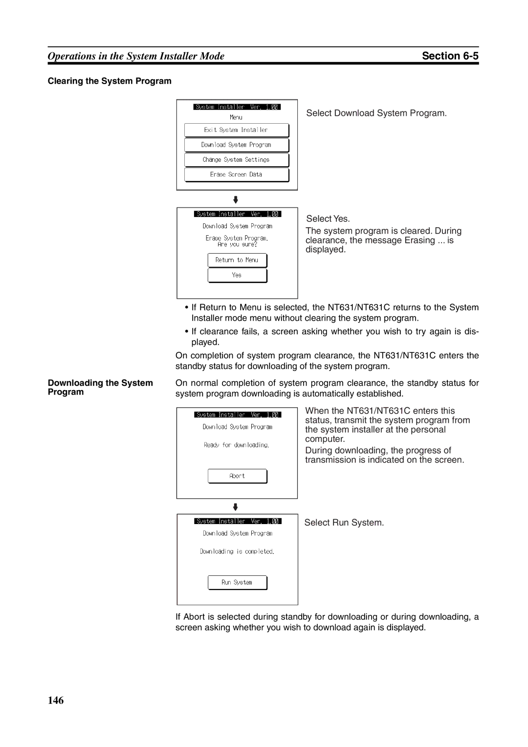 Omron NT631C manual Select Run System, Clearing the System Program Downloading the System Program 