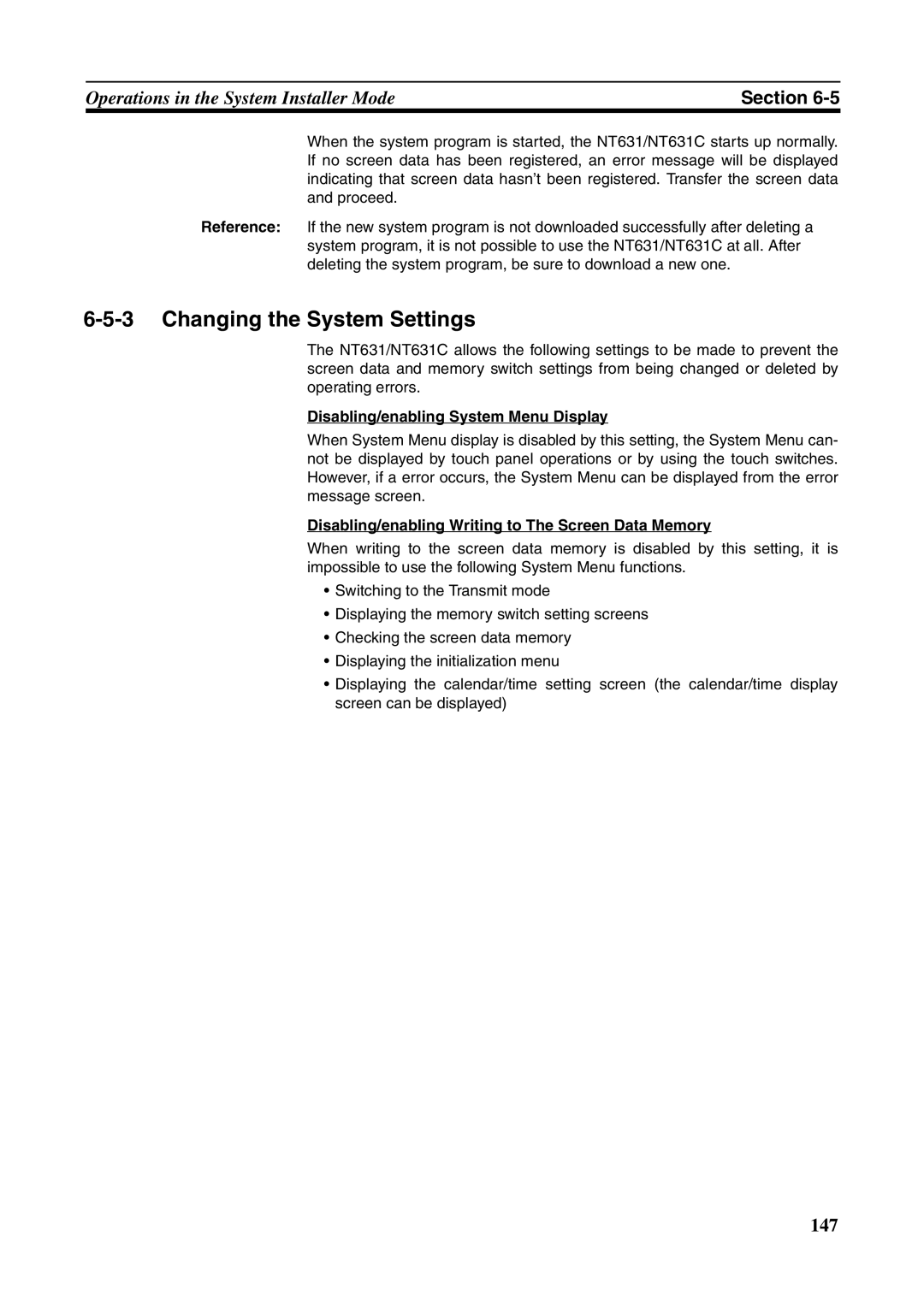 Omron NT631C manual Changing the System Settings, Disabling/enabling System Menu Display 