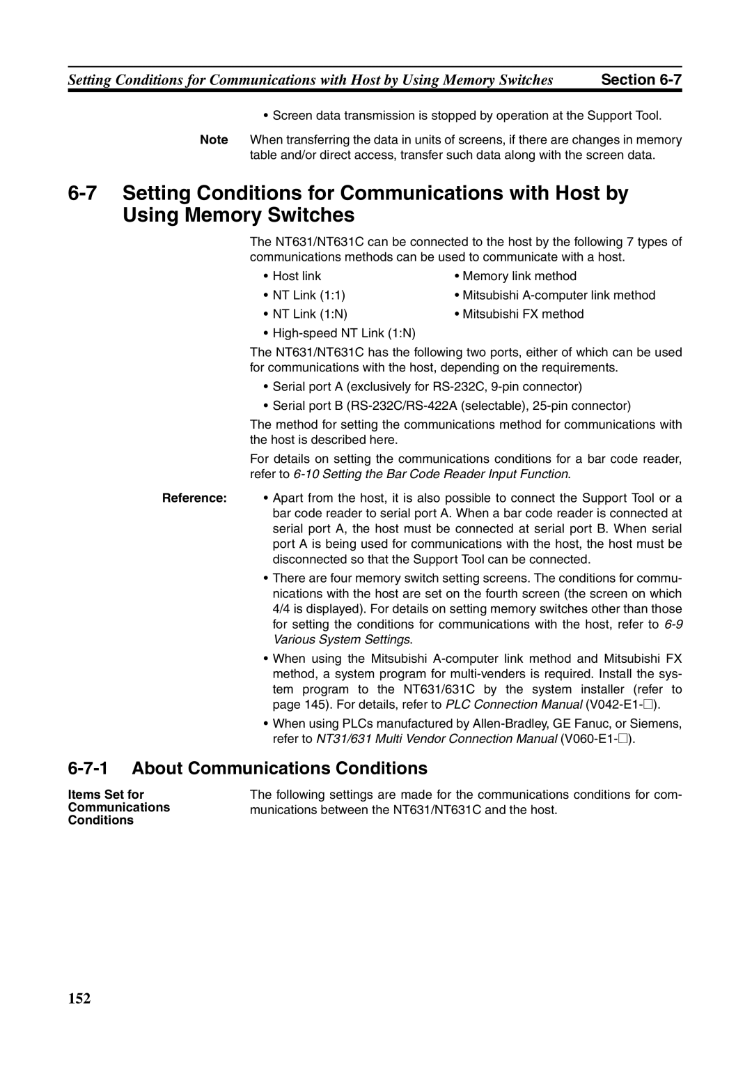 Omron NT631C manual About Communications Conditions 