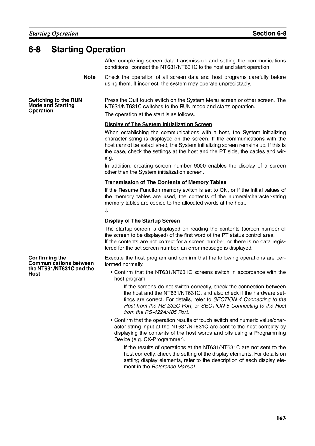 Omron NT631 Starting Operation, Display of The System Initialization Screen, Transmission of The Contents of Memory Tables 