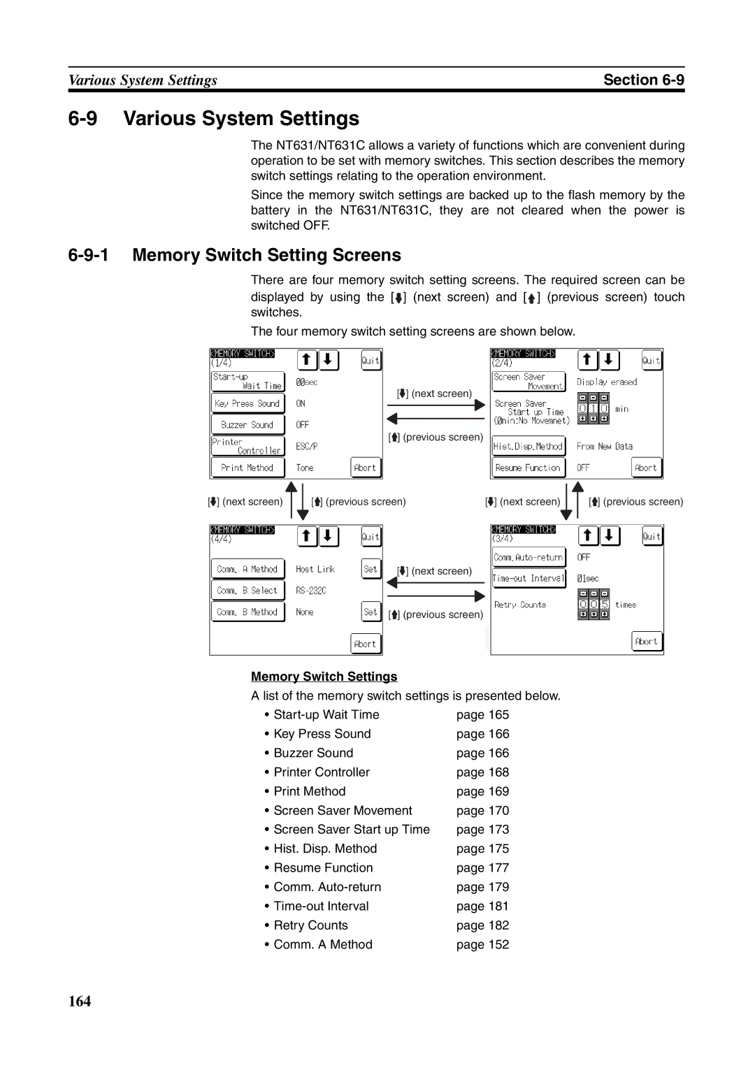 Omron NT631C manual Various System Settings, Memory Switch Setting Screens, Memory Switch Settings 