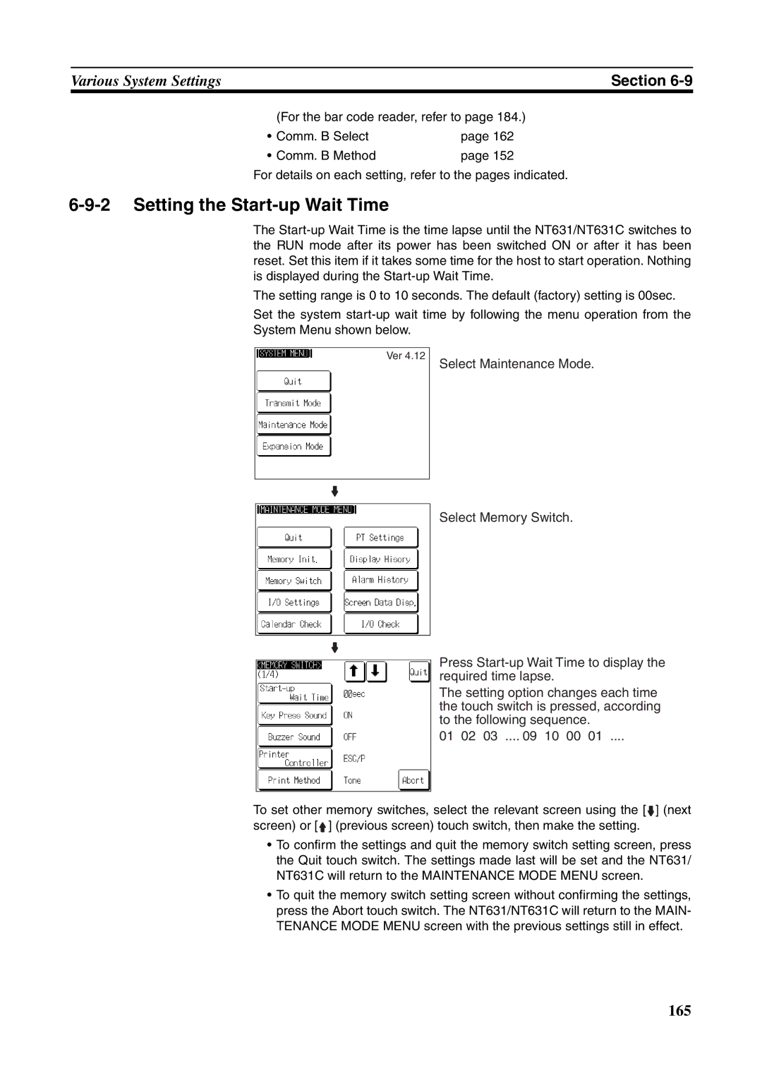 Omron NT631C manual Setting the Start-up Wait Time, For the bar code reader, refer to 