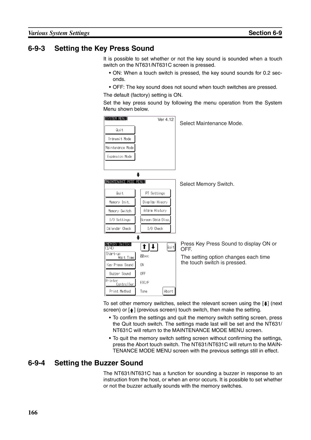 Omron NT631C manual Setting the Key Press Sound, Setting the Buzzer Sound 